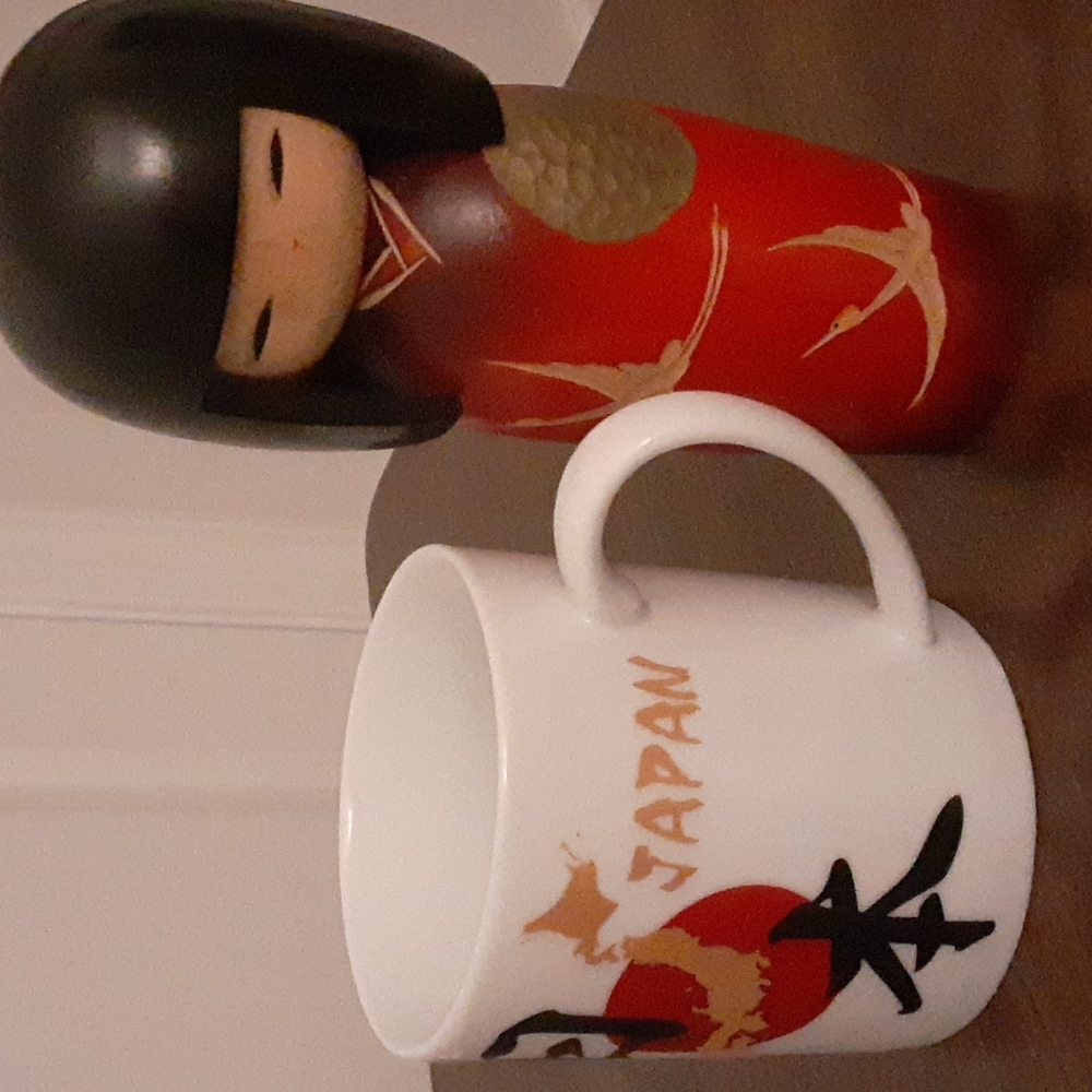 Wooden Japanese Kokeshi Doll & Ceramic Mug. Collector's item. Made in Japan